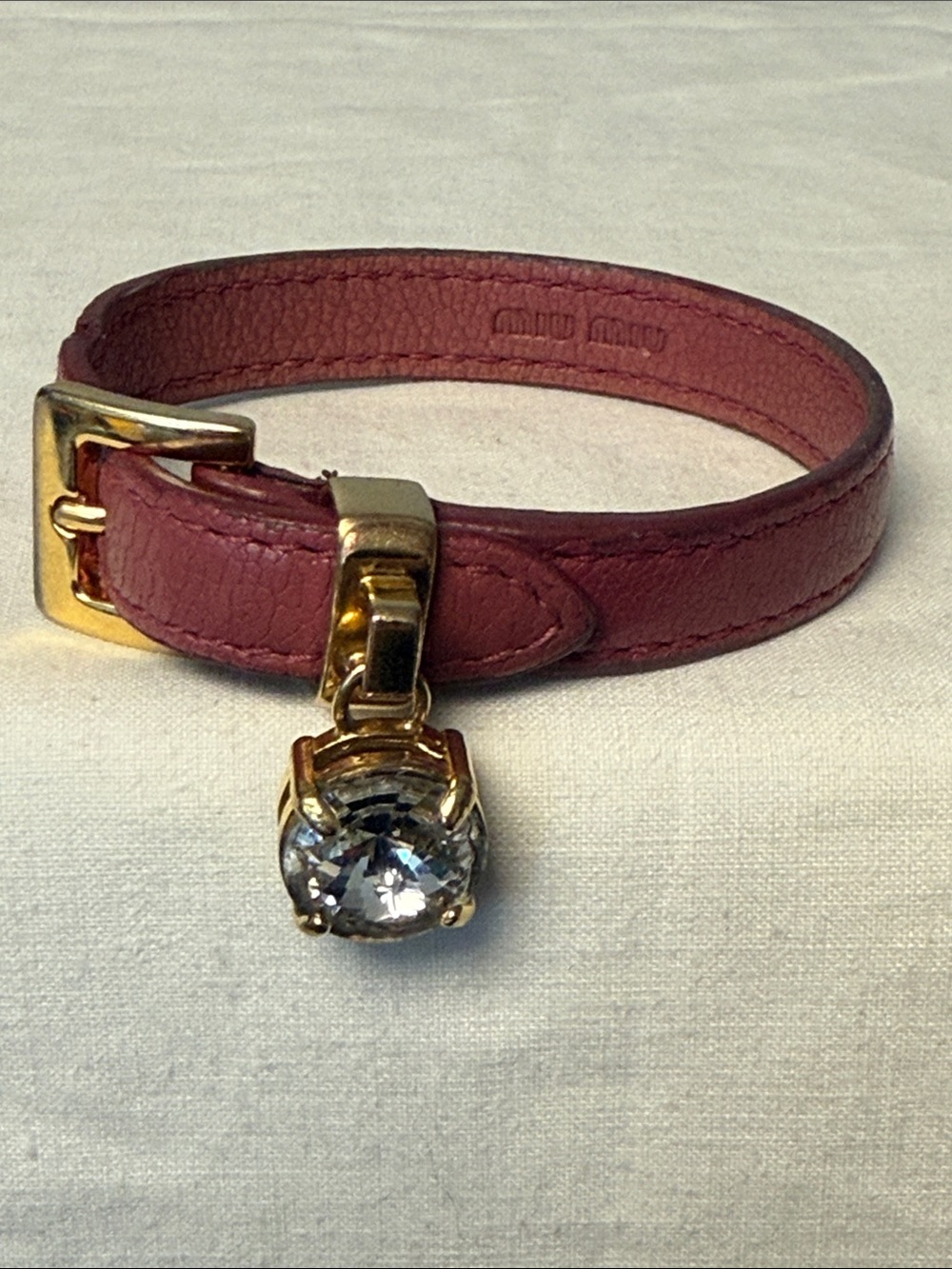 MIU MIU Madras Leather Crystal Charm Bracelet Pink Gold Tone 6.5"